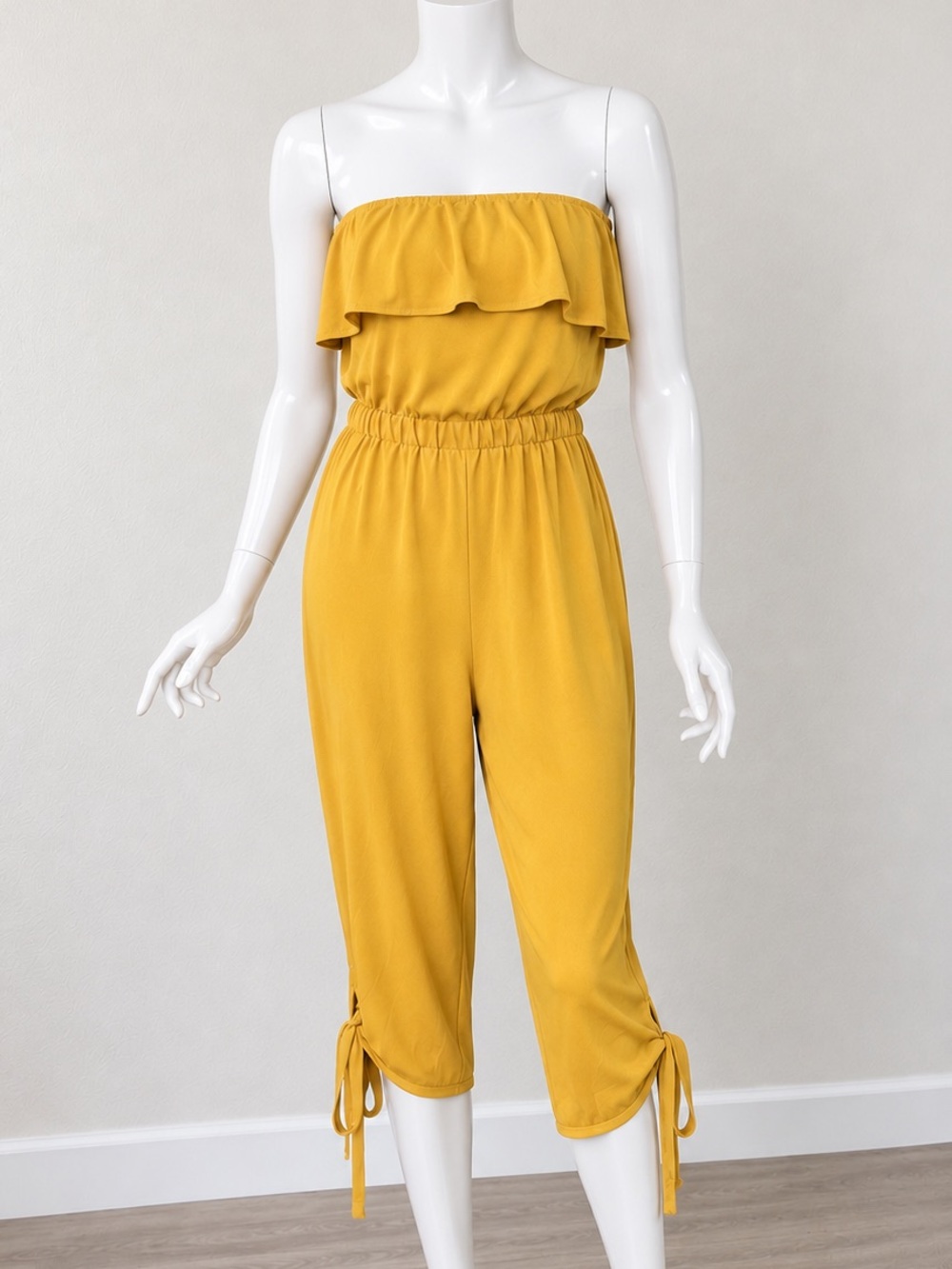 Fashion Nova Strapless Ruffle Jumpsuit in Mustard Yellow